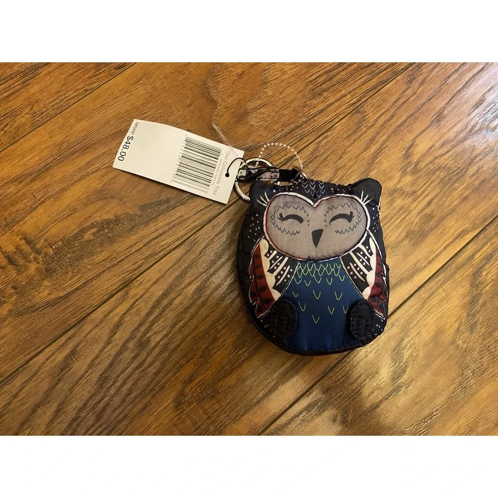 New Vera Bradley Night Sky Owl Collapsible Reusable Tote Bag Pouch KeyRing Charm
